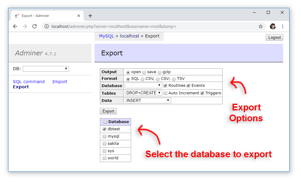Mysql dump database command